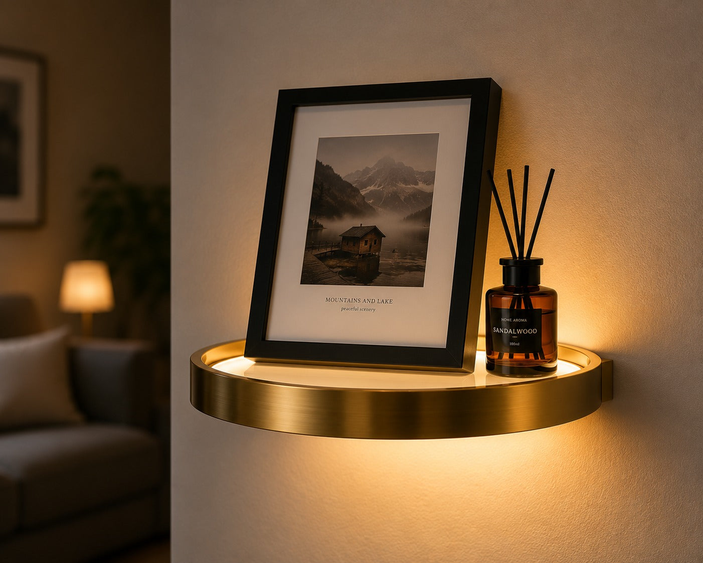 Cordless LED Shelf holding a framed print and a reed diffuser